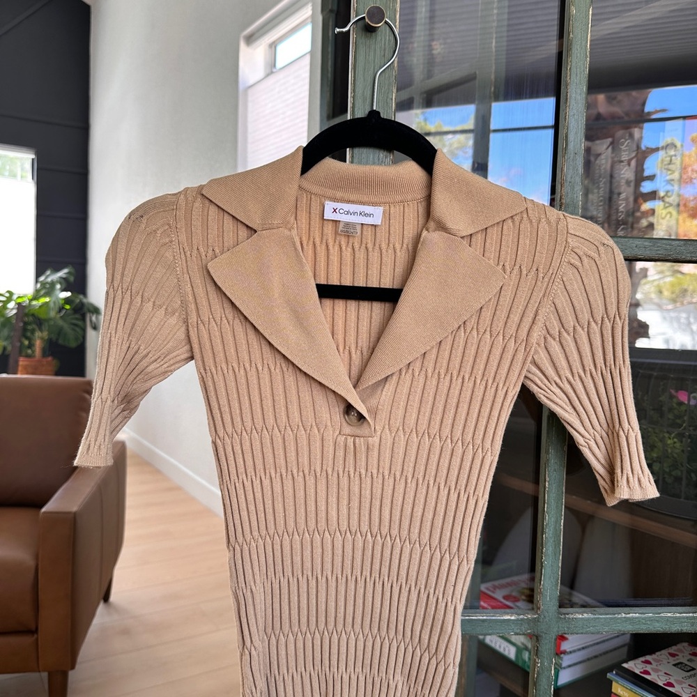 Calvin Klein Beige Ribbed Knit Sweater